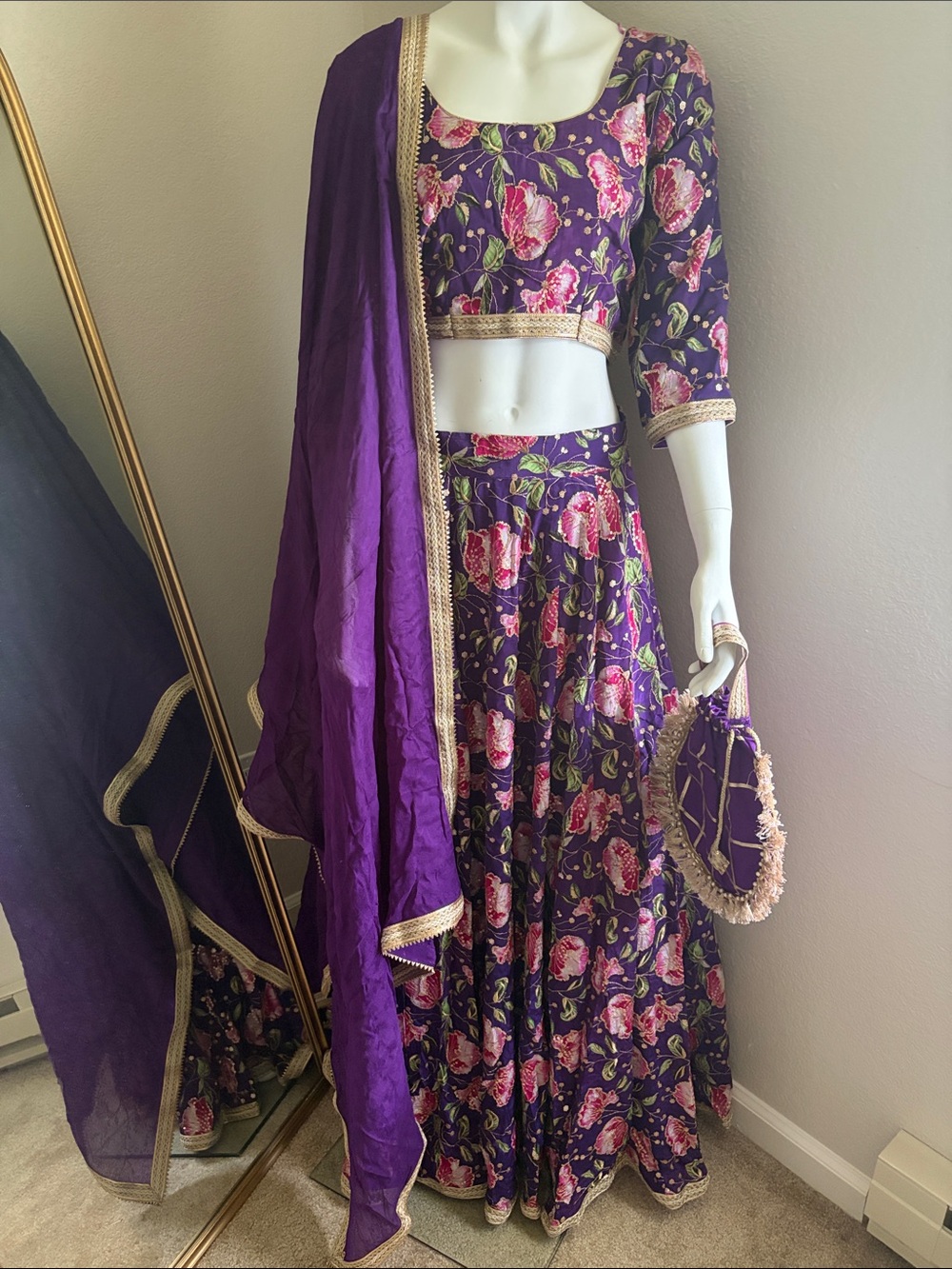 BRAND NEW Vibrant Purple Floral Dress with Gold Accents Indian lehenga